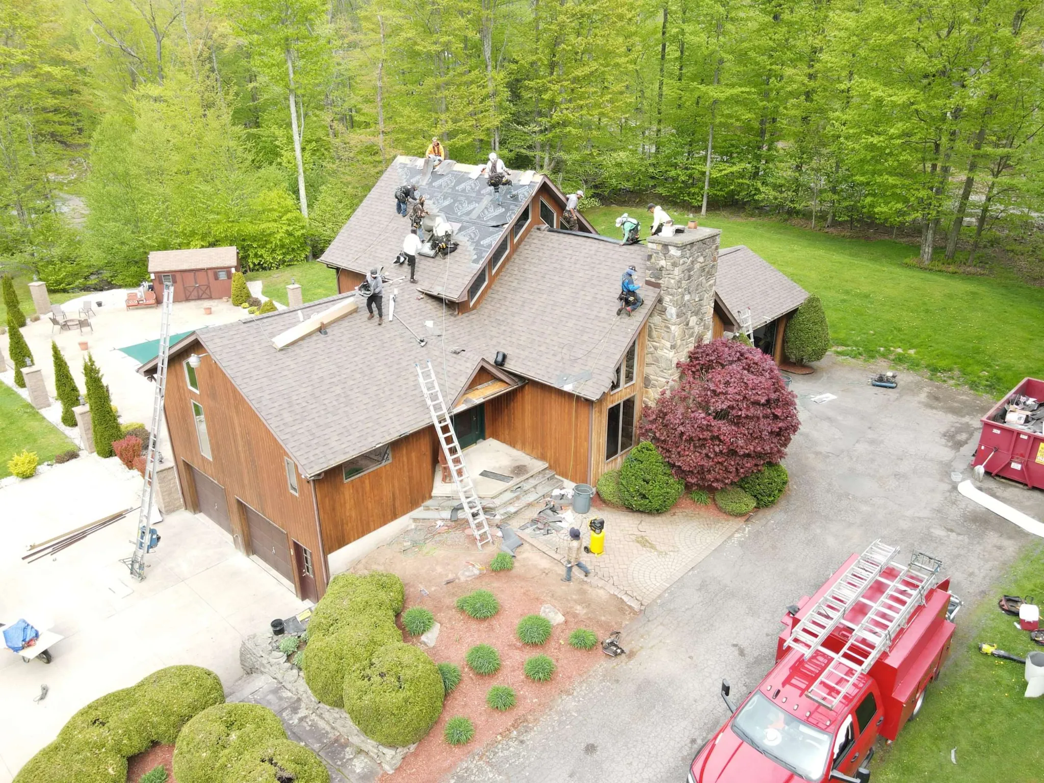 Aerial view of a completed roofing project in Northeastern Pennsylvania